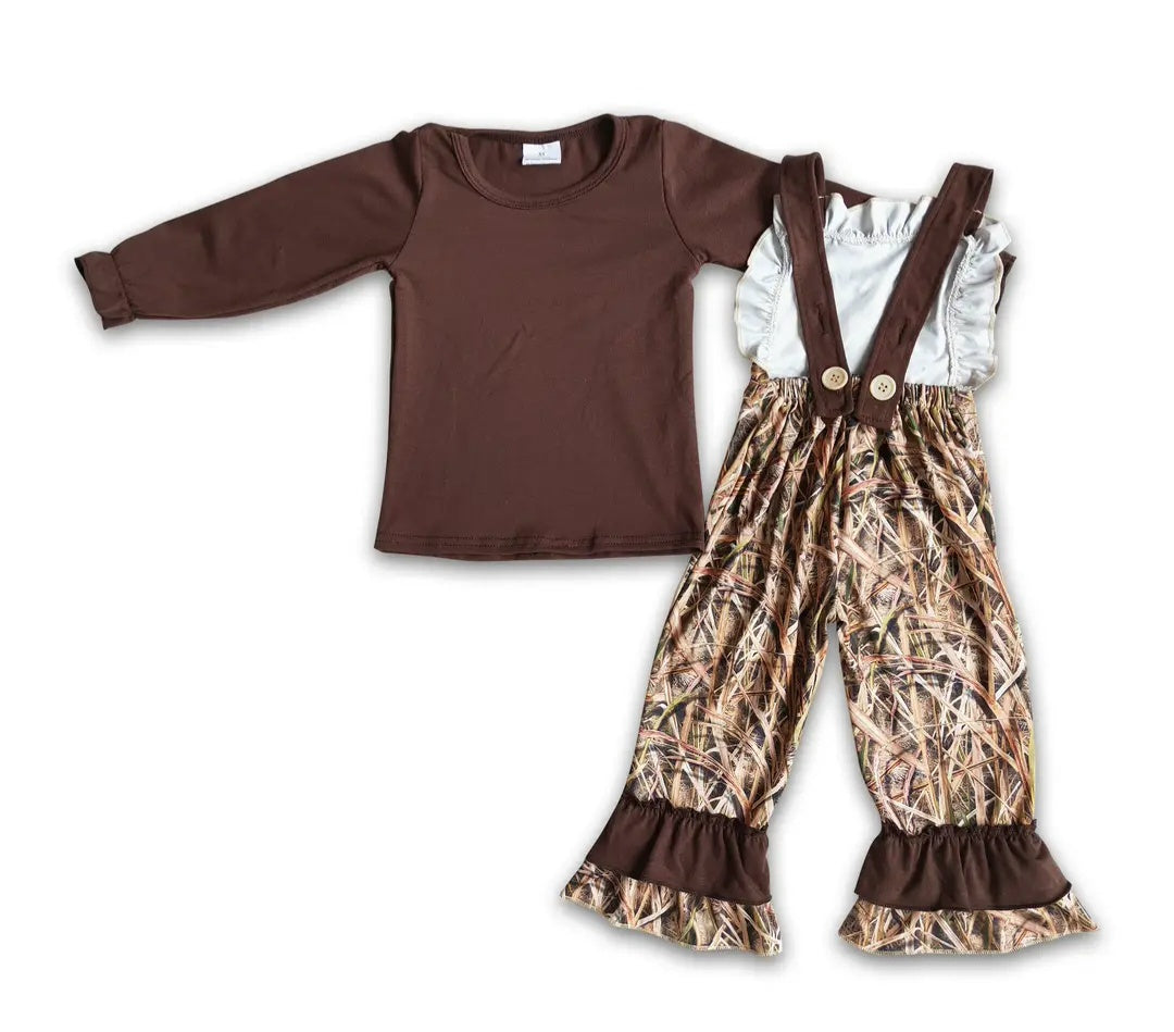 Girls Brown Cotton Shirt with Camo Overalls