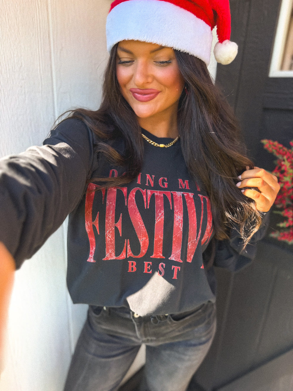 Birdie Doing My Festive Long Sleeve Graphic Tee in Black Preorder