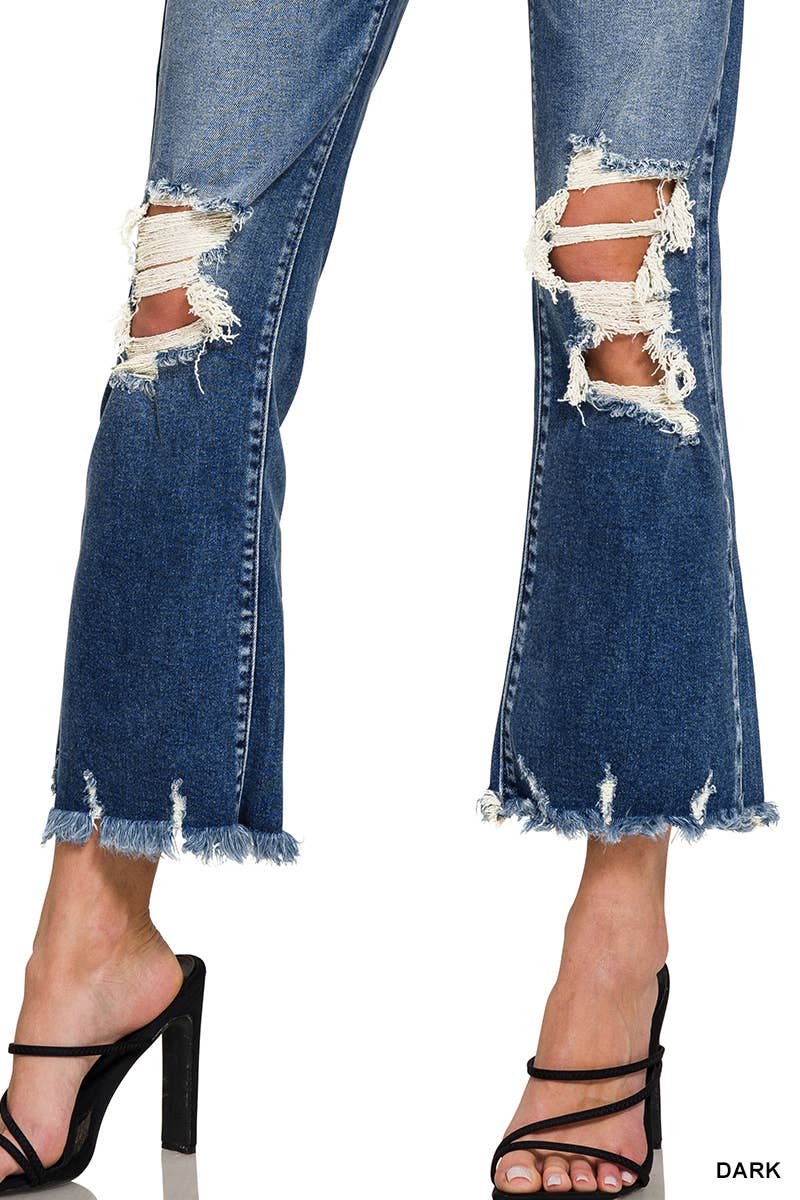 Zenana Distressed Knee And Hem Denim Pants