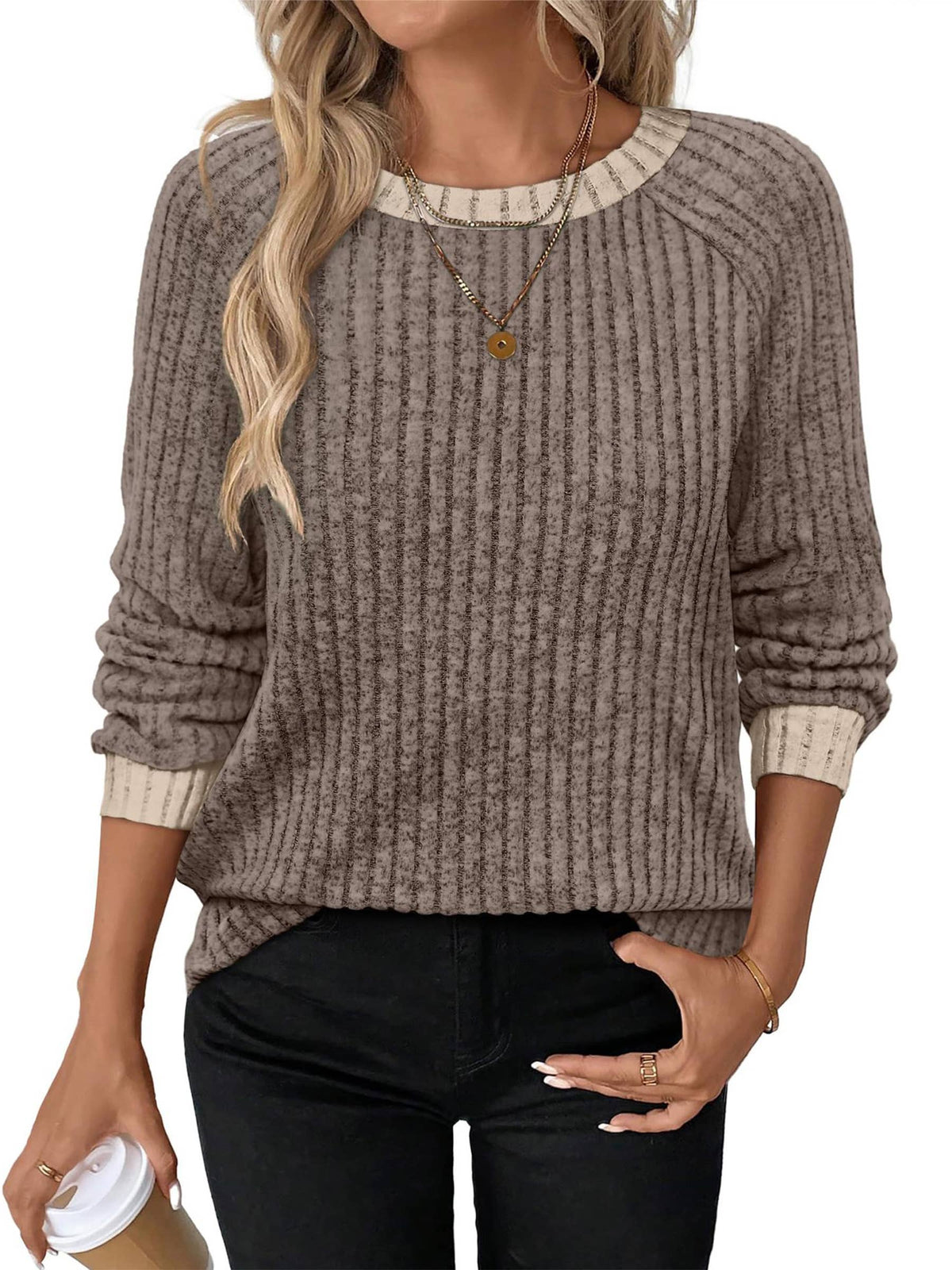 Contrast Color Ribbed Fleece Crew Neck Long Sleeve Top