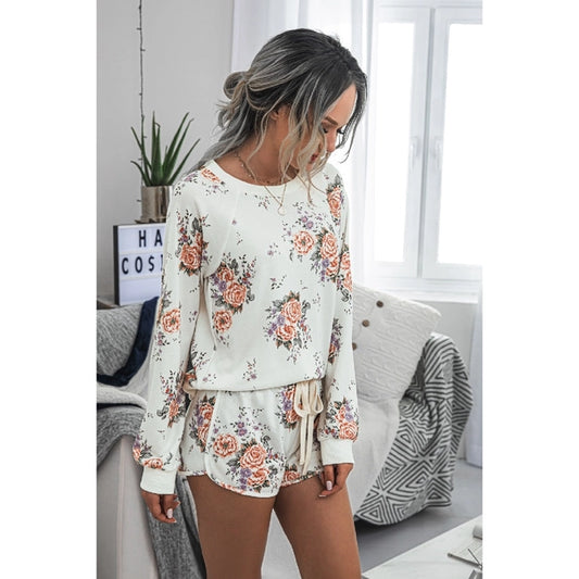Floral Print Comfy Round Neck Solid Loungewear