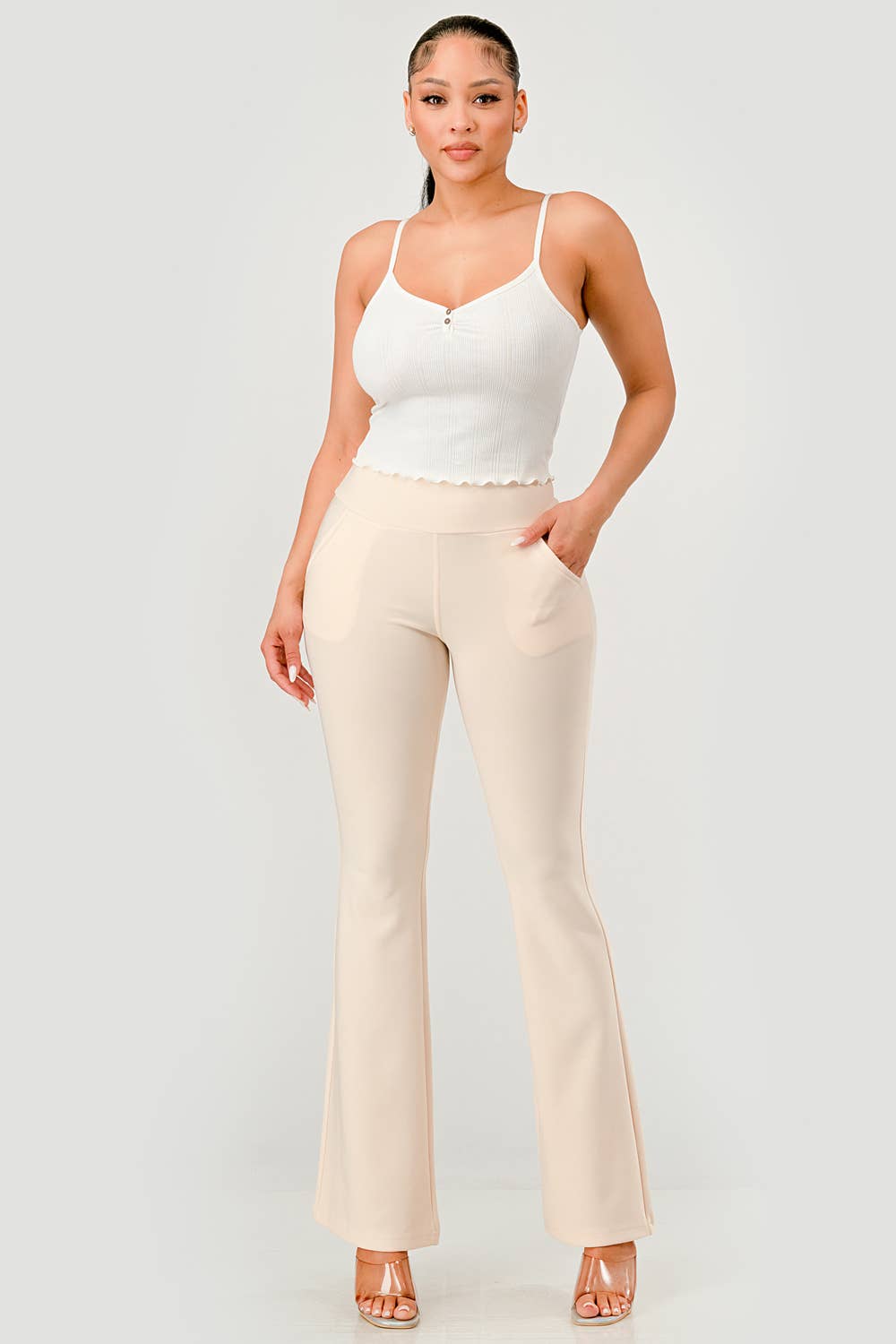 Womens Tummy Control Butt Sculpting Flare Pants With Pockets - Red