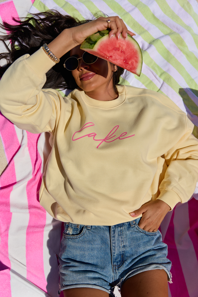 Pink Lily Lake Script Yellow Graphic Sweatshirt