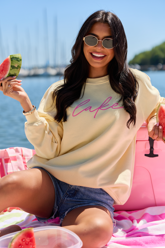 Pink Lily Lake Script Yellow Graphic Sweatshirt