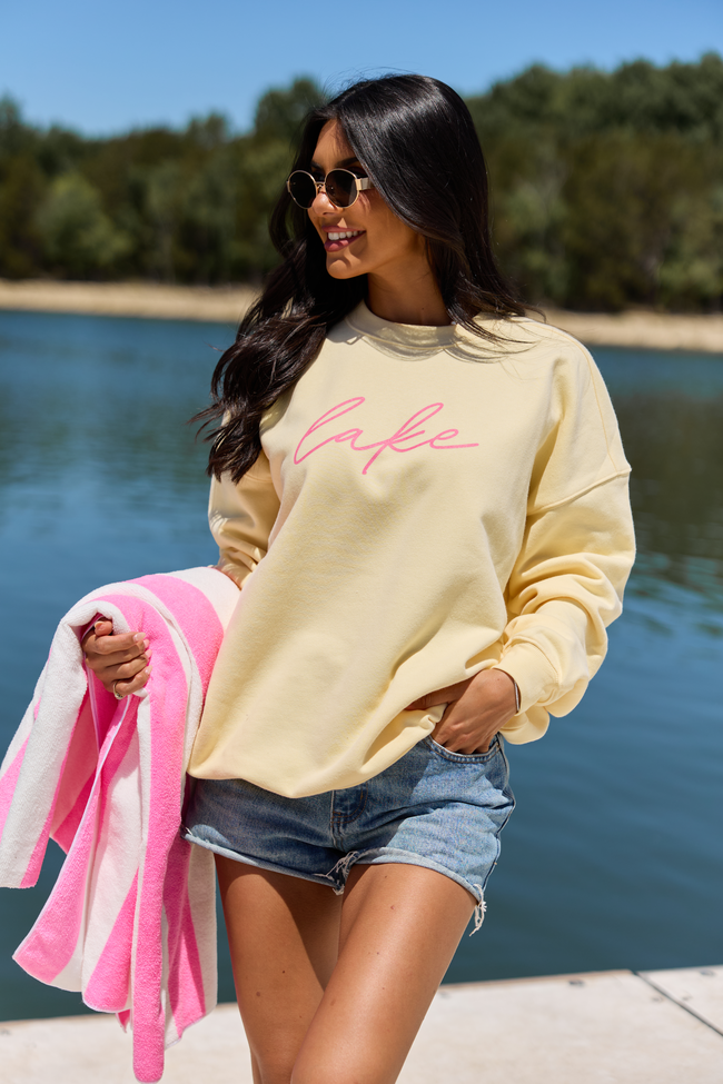 Pink Lily Lake Script Yellow Graphic Sweatshirt