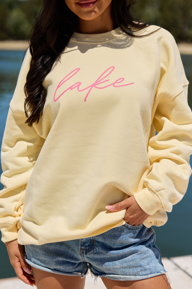 Pink Lily Lake Script Yellow Graphic Sweatshirt