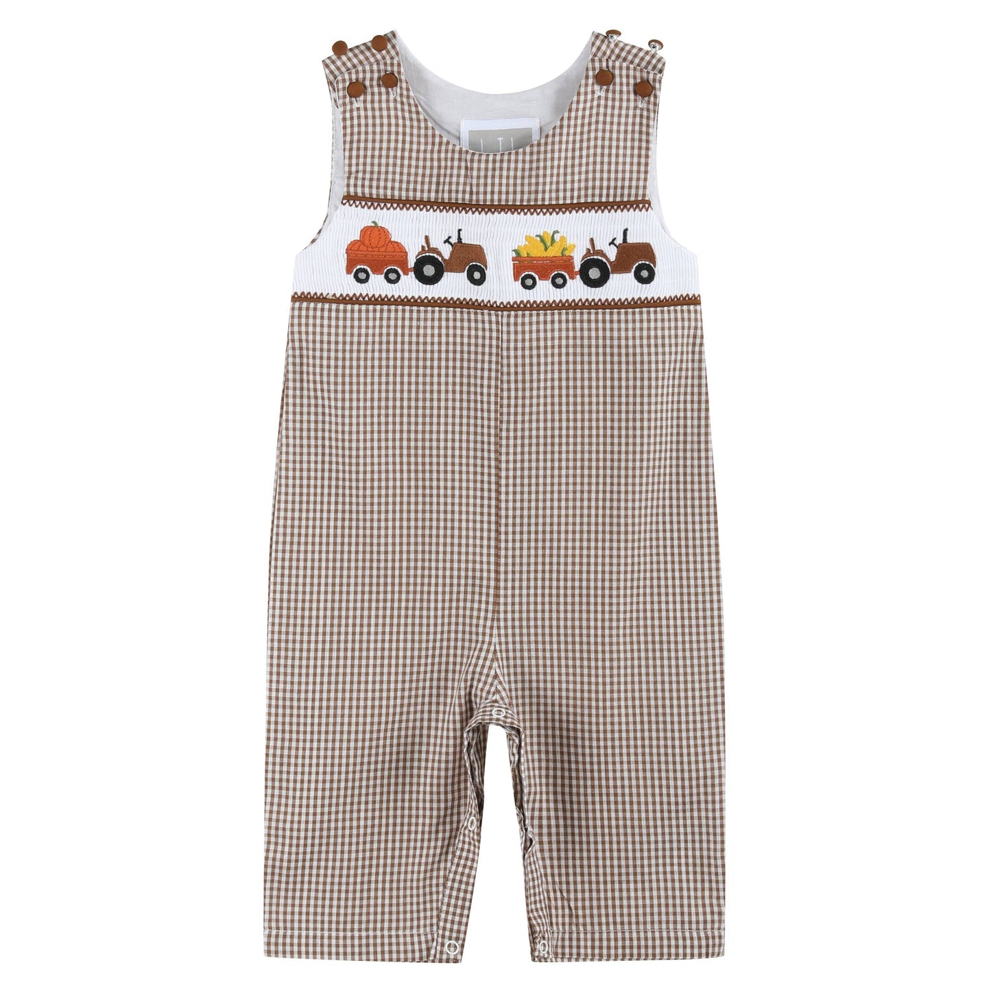 Lil Cactus Brown Gingham Pumpkin and Corn Tractor Smocked Overalls