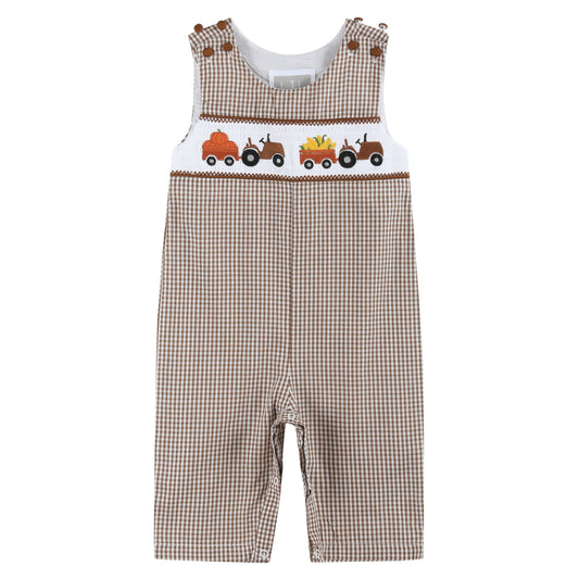 Lil Cactus Brown Gingham Pumpkin and Corn Tractor Smocked Overalls