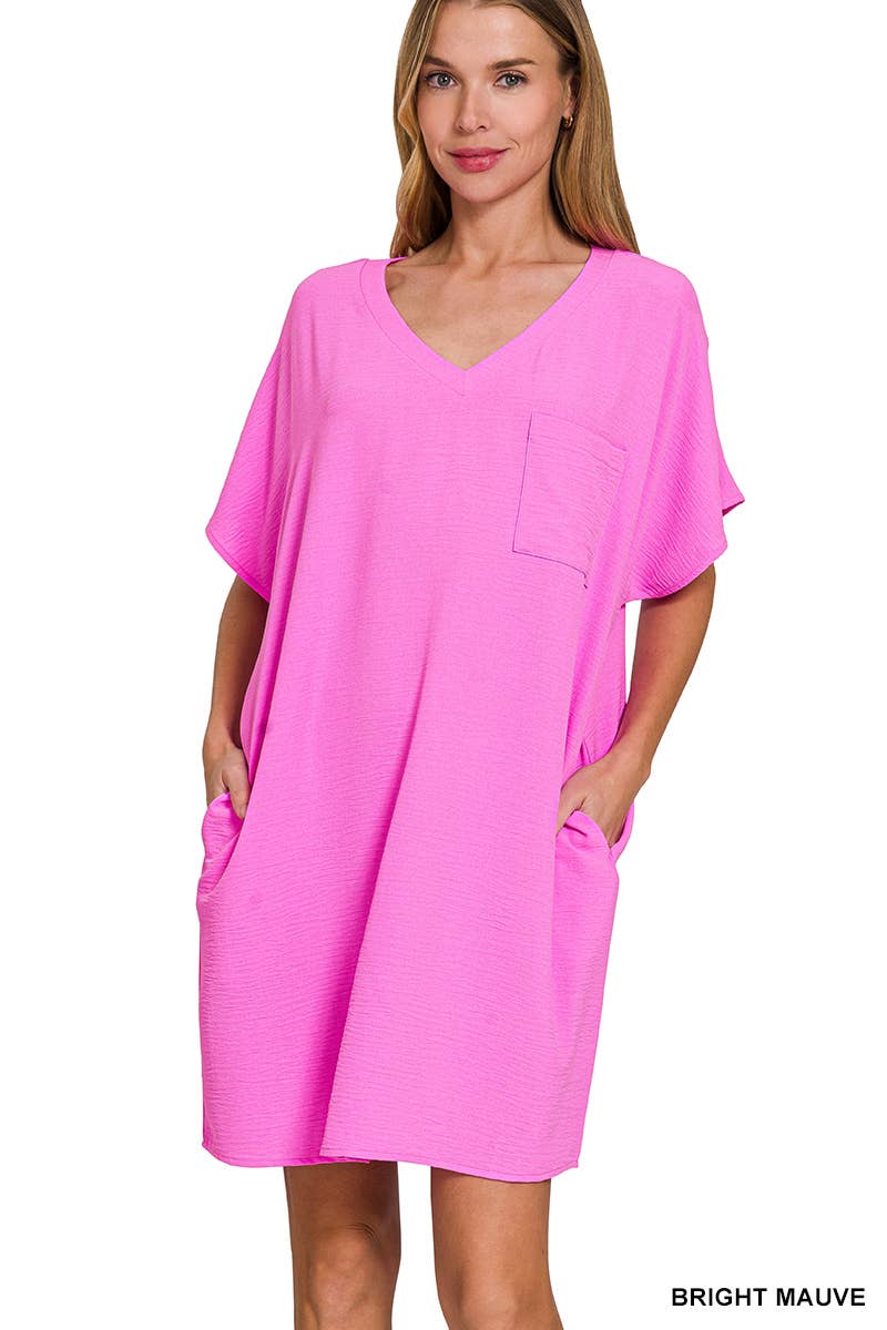 Woven Airflow V Neck T Shirt Dress With Pockets Zenana