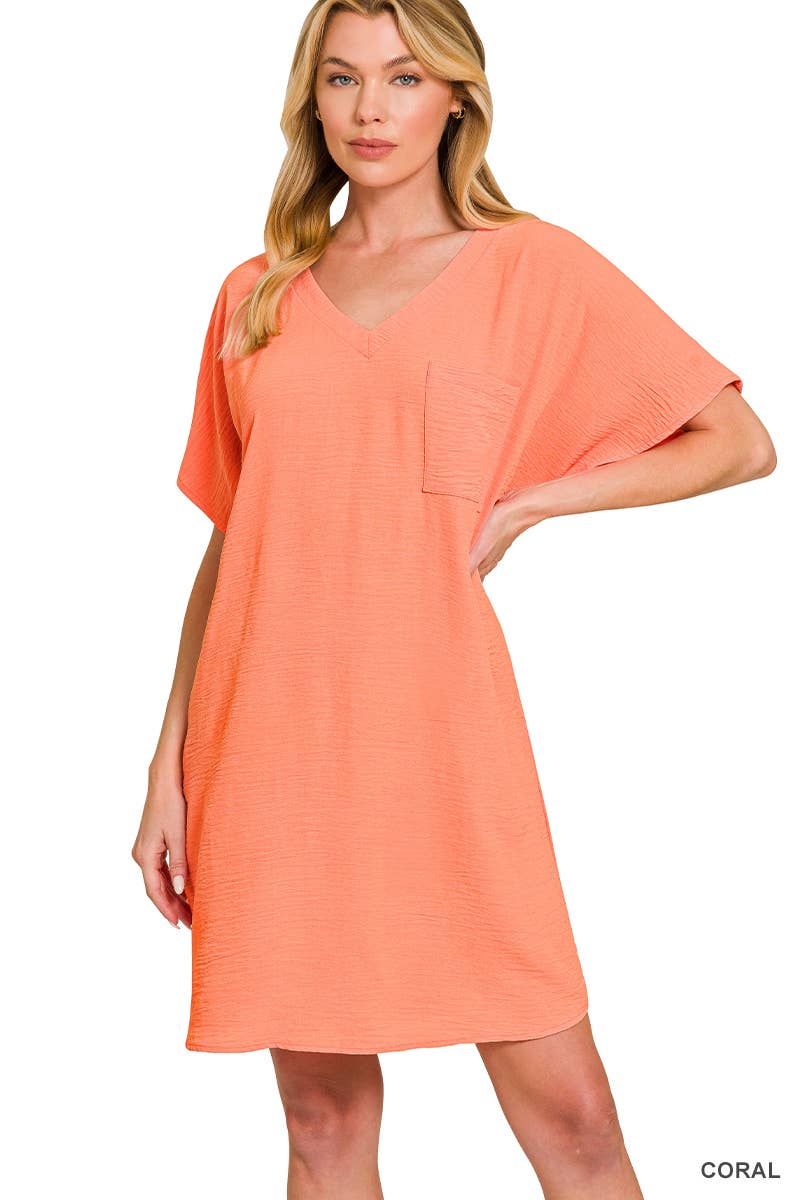 Woven Airflow V Neck T Shirt Dress With Pockets Zenana