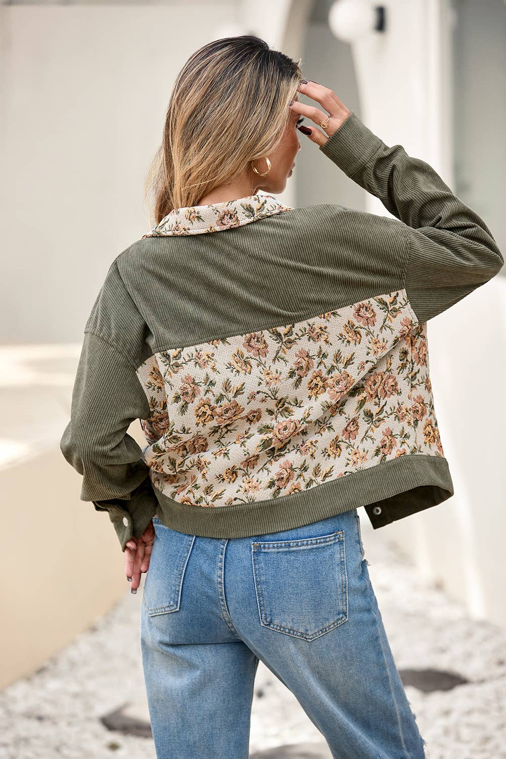 Ribbed Retro Floral Patchwork Shirt Style Jacket