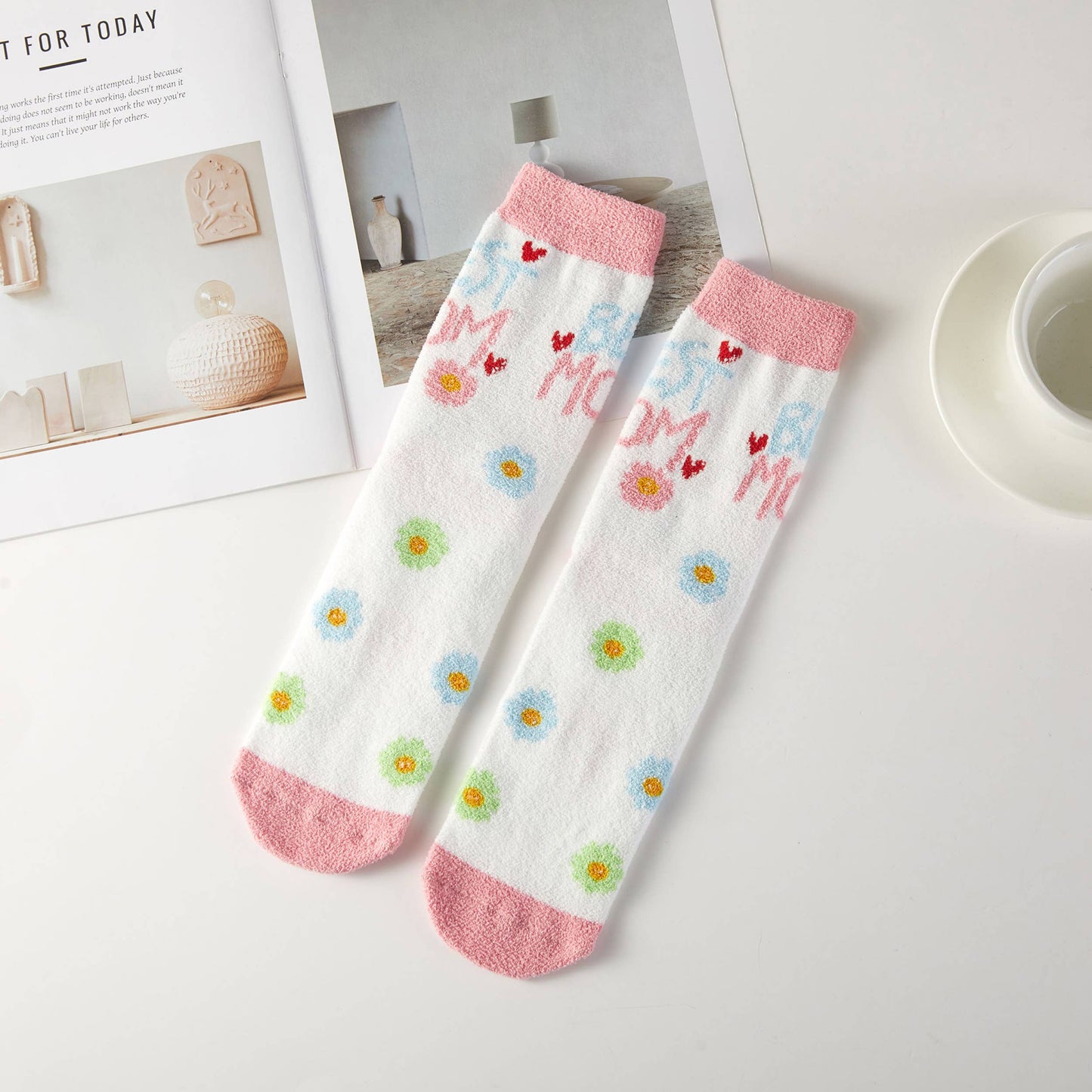 Love Mom Theme Cute Graphic Fuzzy Socks Gift Box (3 Pairs)