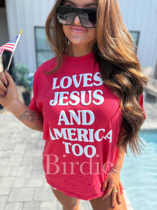 Birdie Loves Jesus & America Too Vinyl Graphic Tee on Paprika