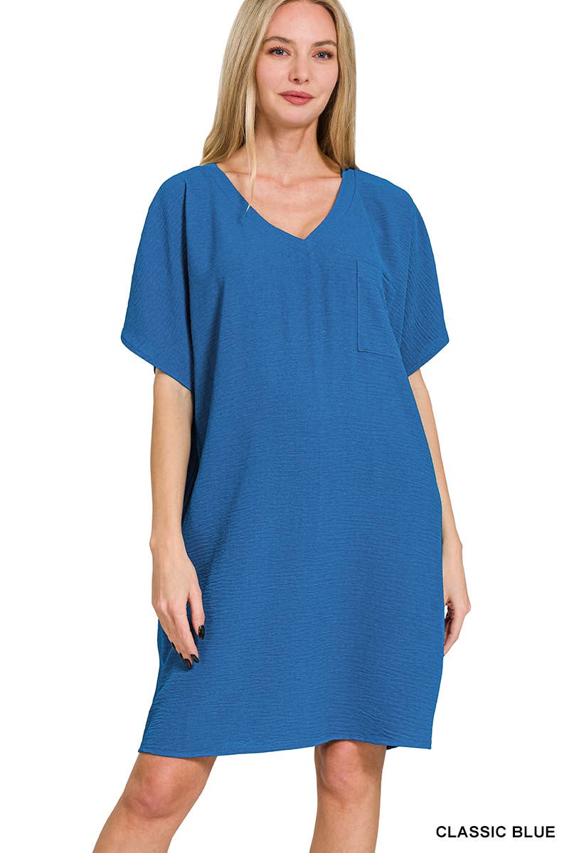 Woven Airflow V Neck T Shirt Dress With Pockets Zenana