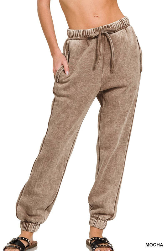 ZENANA SNOW ACID WASH FLEECE SWEATPANTS WITH POCKETS