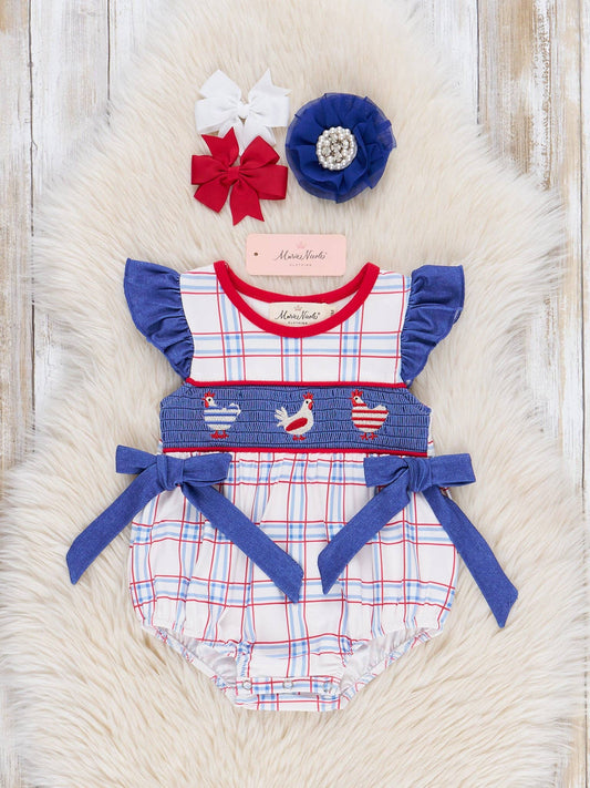 Patriotic Chickens Smocked Ruffle Bubble