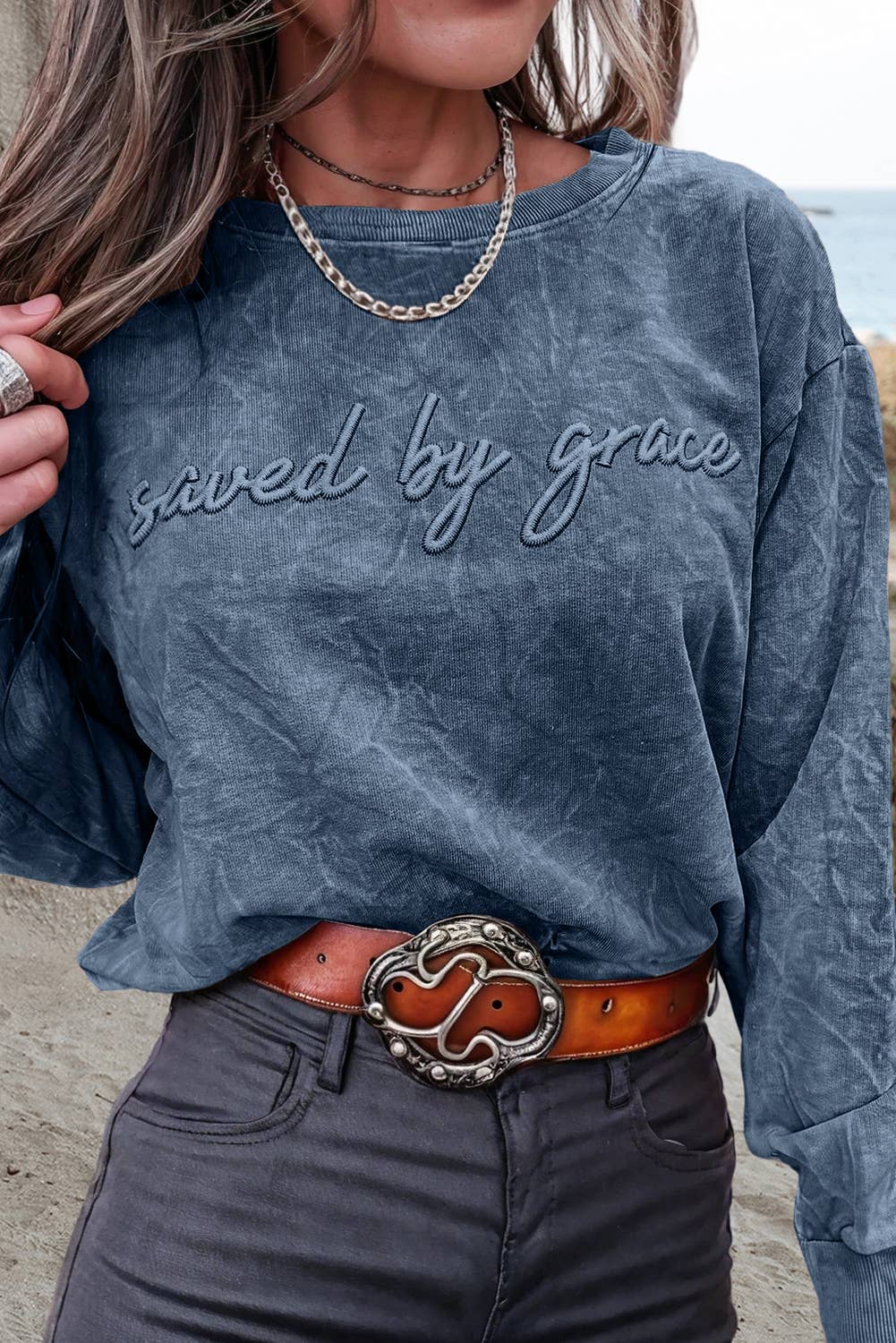 Saved by grace Embroidery Mineral Wash Sweatshirt