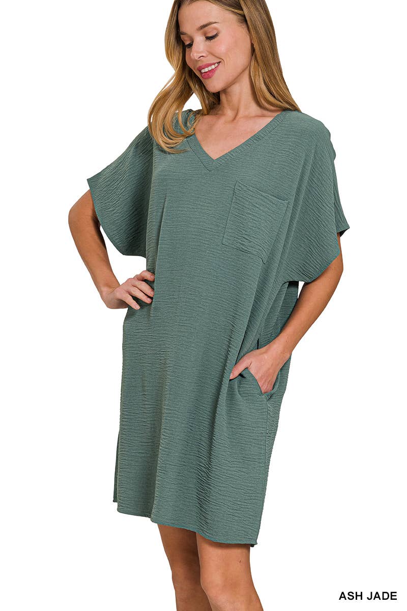 Woven Airflow V Neck T Shirt Dress With Pockets Zenana
