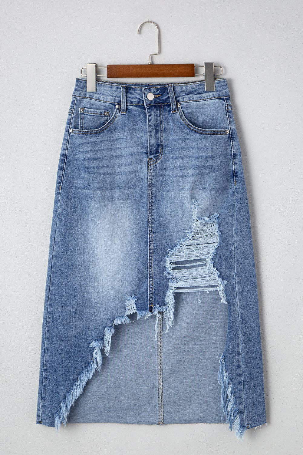 Denim Asymmetrical Distressed Midi Skirt