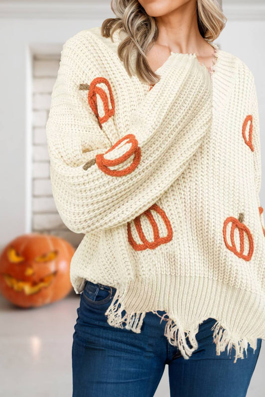 Pumpkins Rew Edge Long Sleeve Knit Sweater  | S-XL
