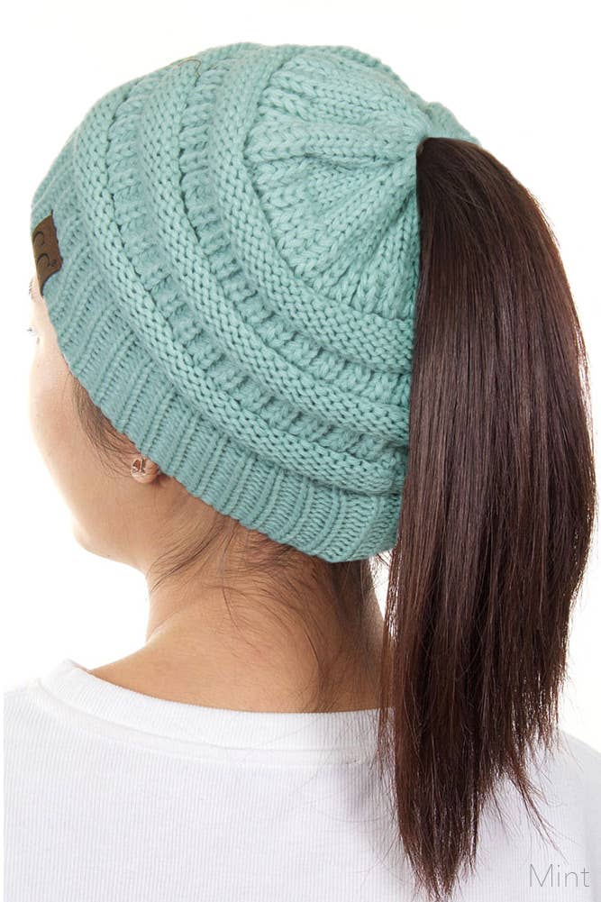 C.C Solid Color Ponytail Messy Bun Beanie