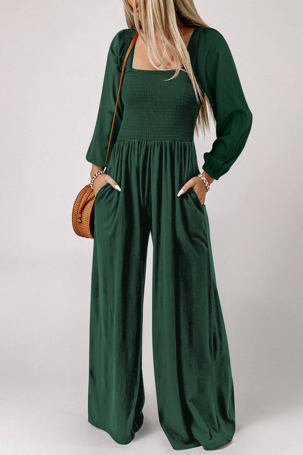 Smocked Long Sleeve Pocketed Jumpsuit