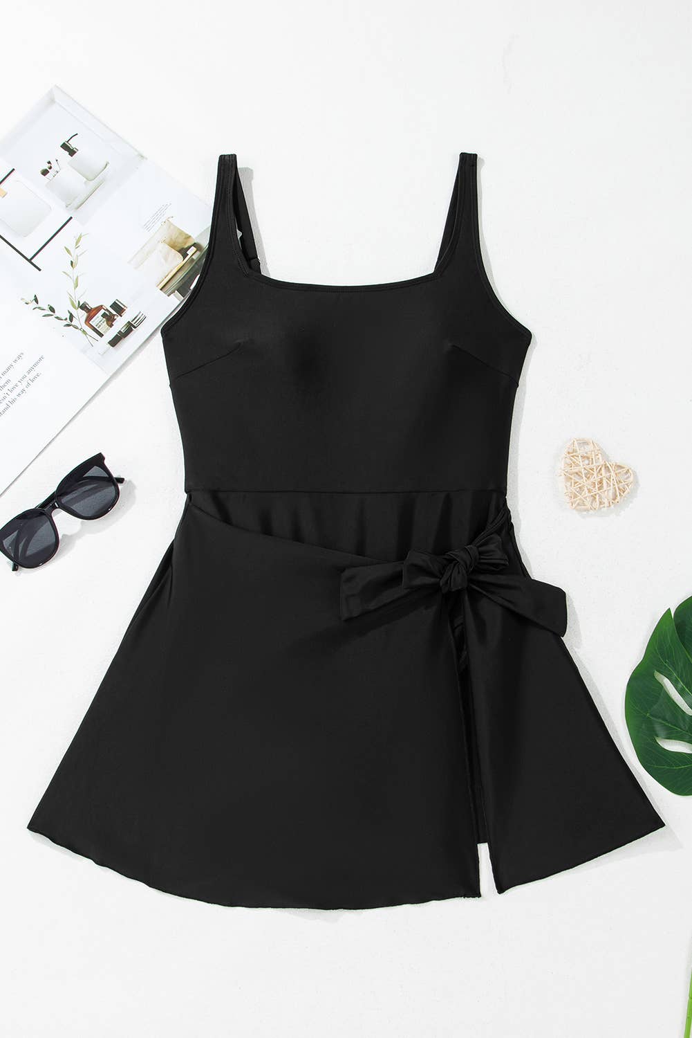 Side Tied Waist Square Neck A-line One Piece Swim Dress