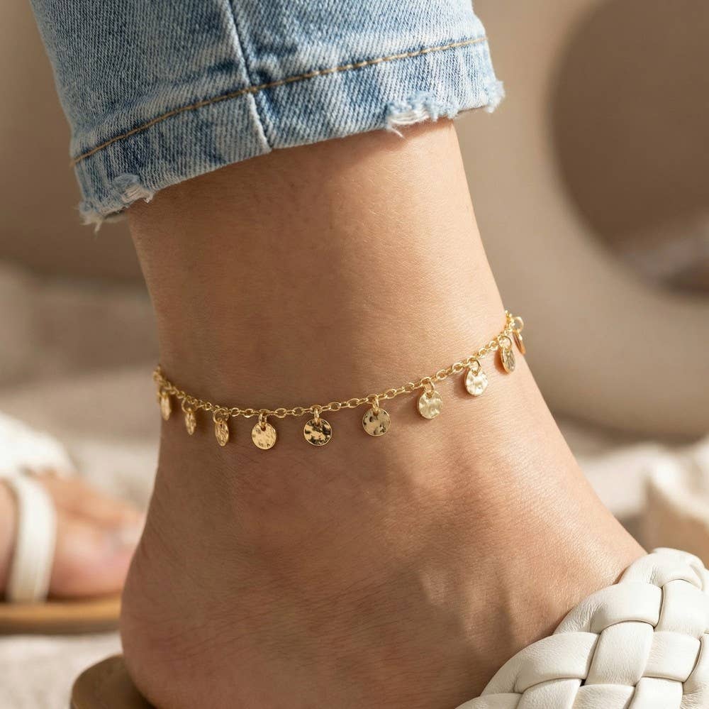 Mini Hammered Coins Chain Anklet - Silver