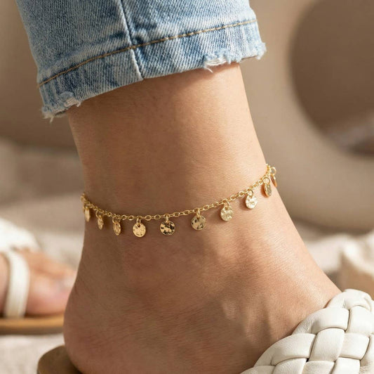 Mini Hammered Coins Chain Anklet - Silver