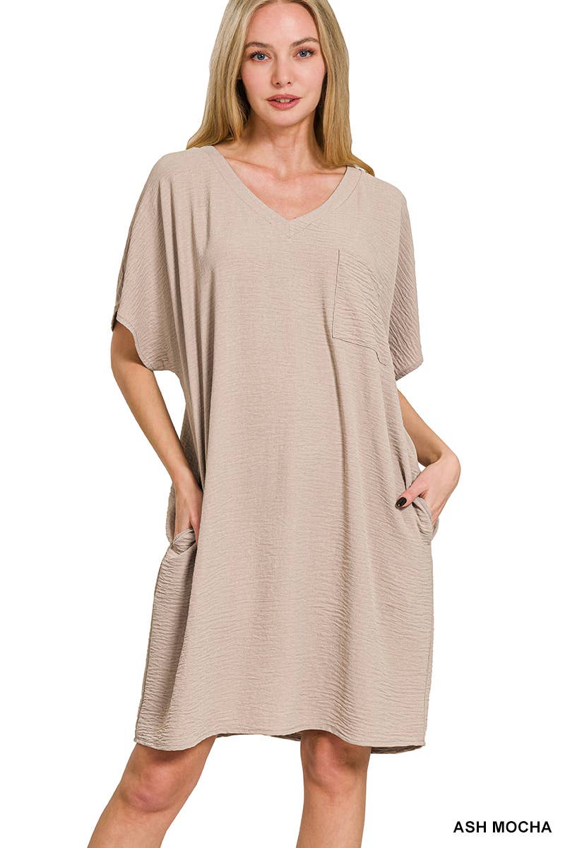 Woven Airflow V Neck T Shirt Dress With Pockets Zenana