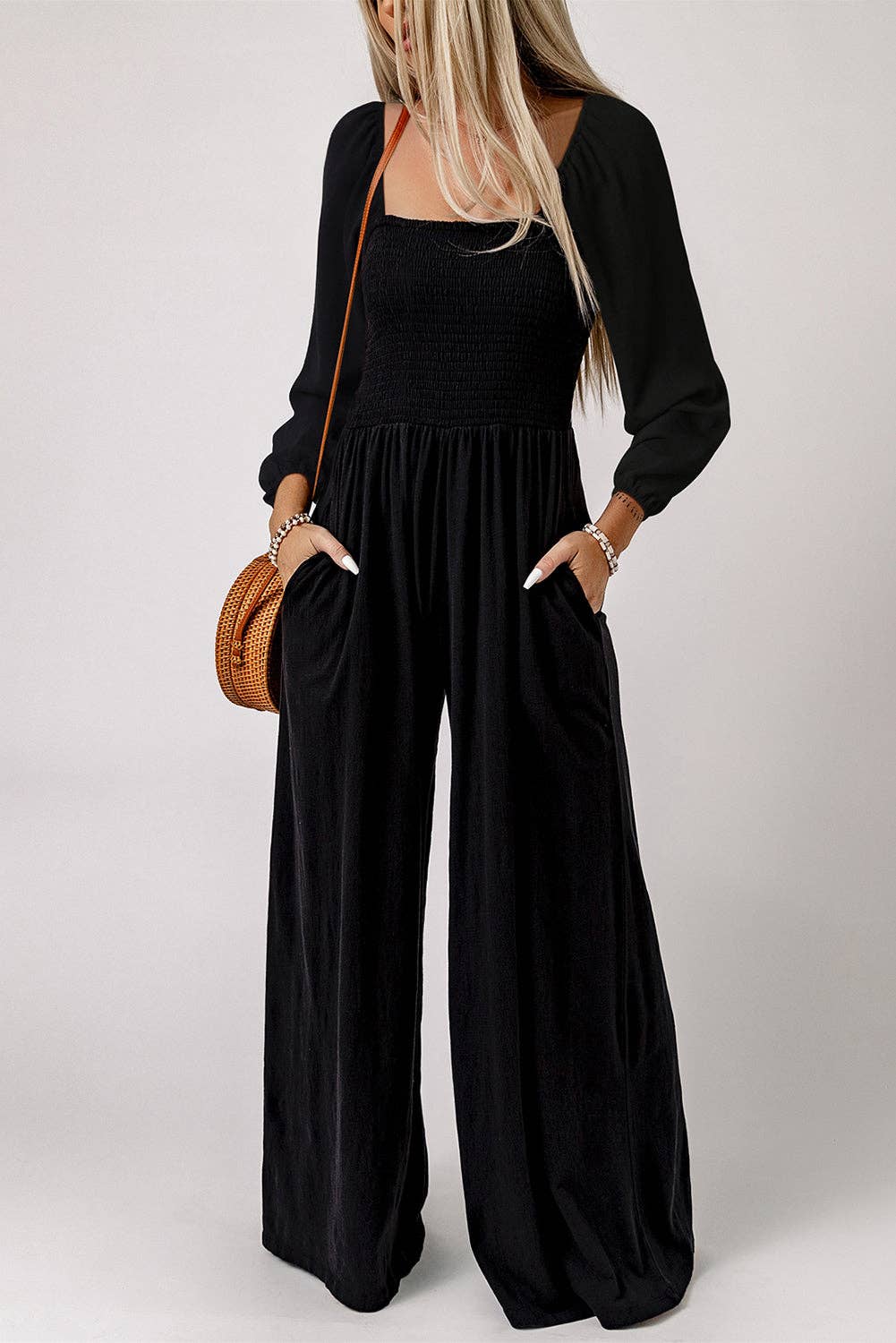 Smocked Long Sleeve Pocketed Jumpsuit