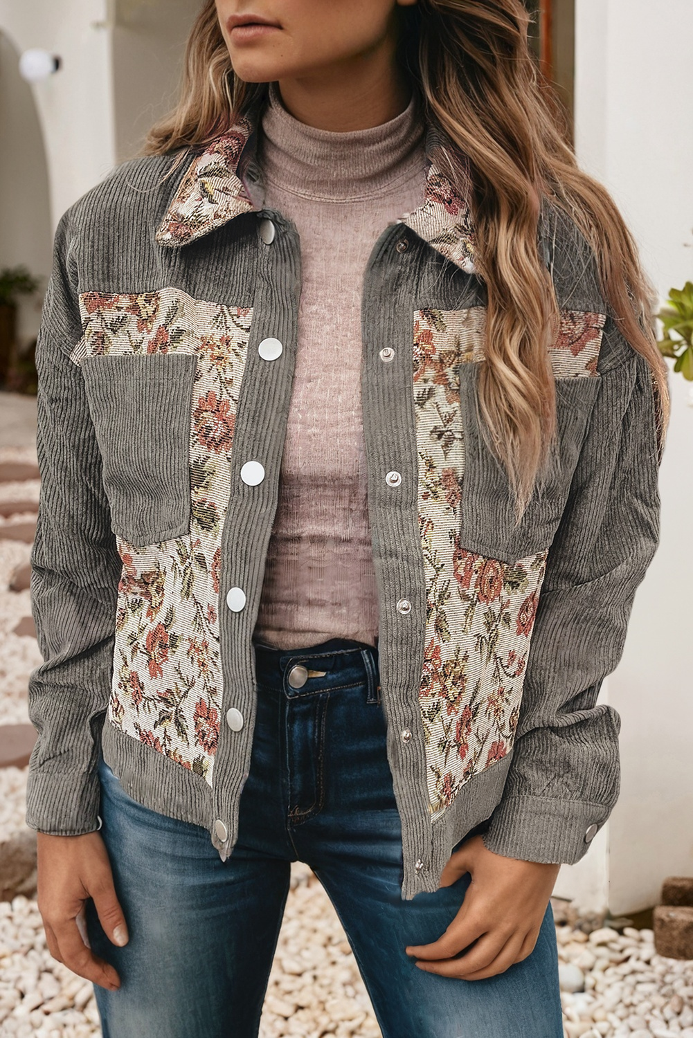 Ribbed Retro Floral Patchwork Shirt Style Jacket