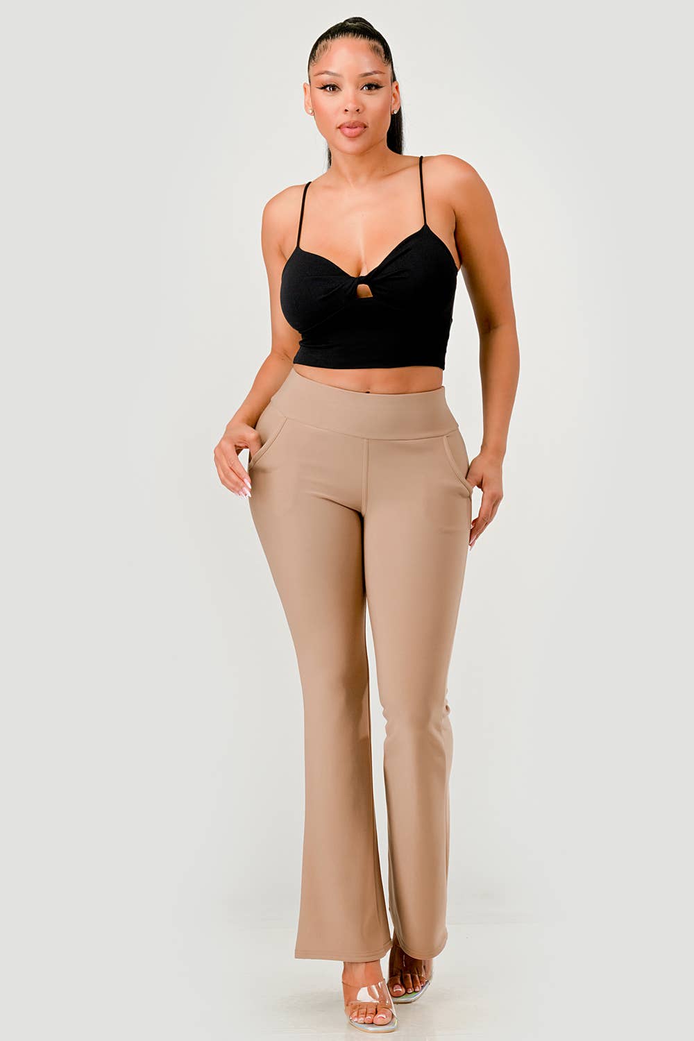 Womens Tummy Control Butt Sculpting Flare Pants With Pockets - Red