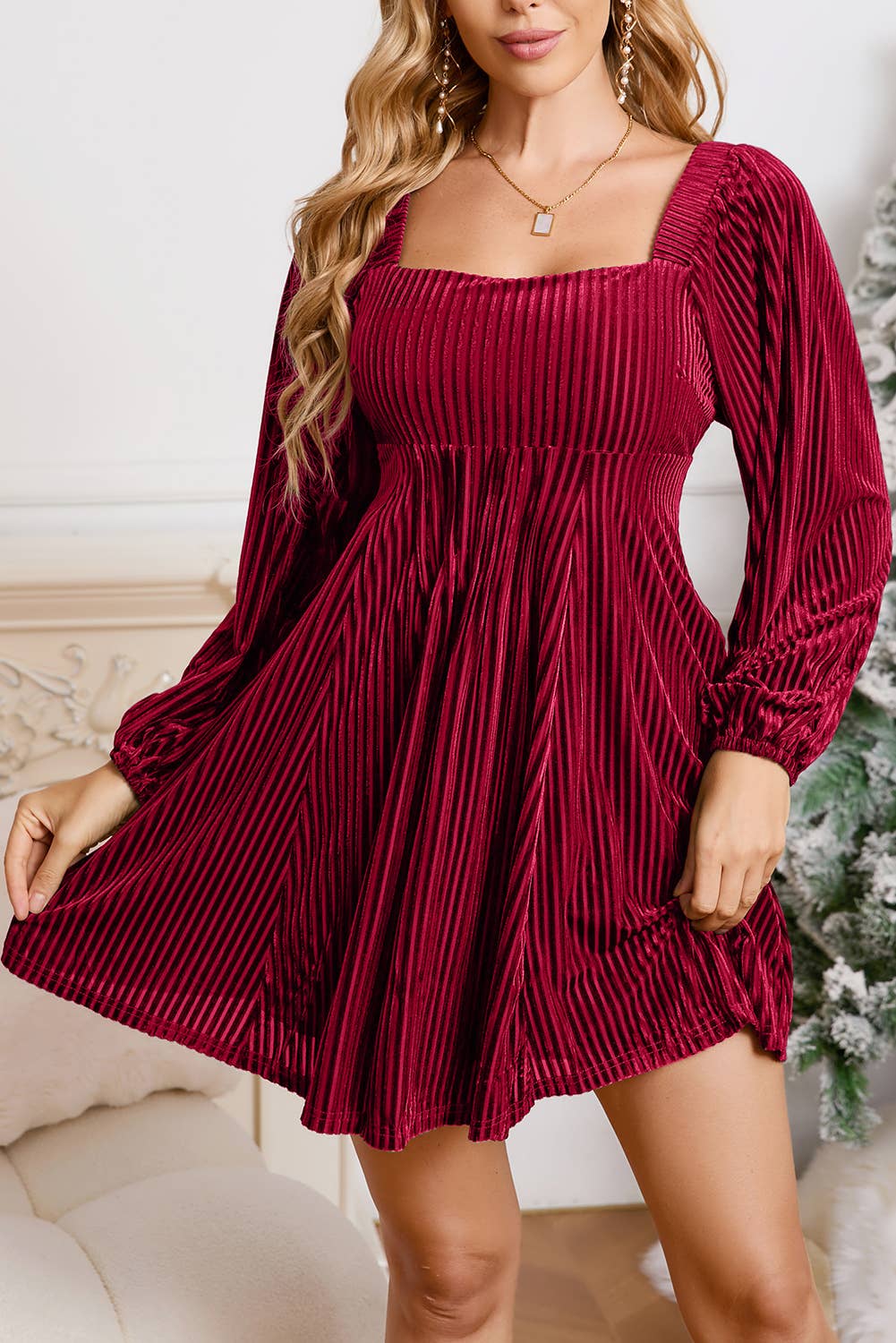 Velvet Corded Tie Back Babydoll Mini Dress
