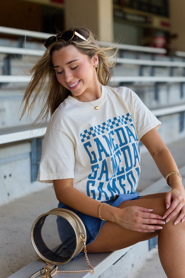 Pink Lily Checkered Gameday Navy Repeat Ivory Graphic Tee