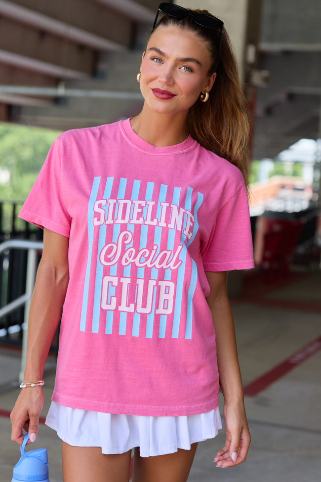 Pink Lily Sideline Social Club Striped Pink Graphic Tee