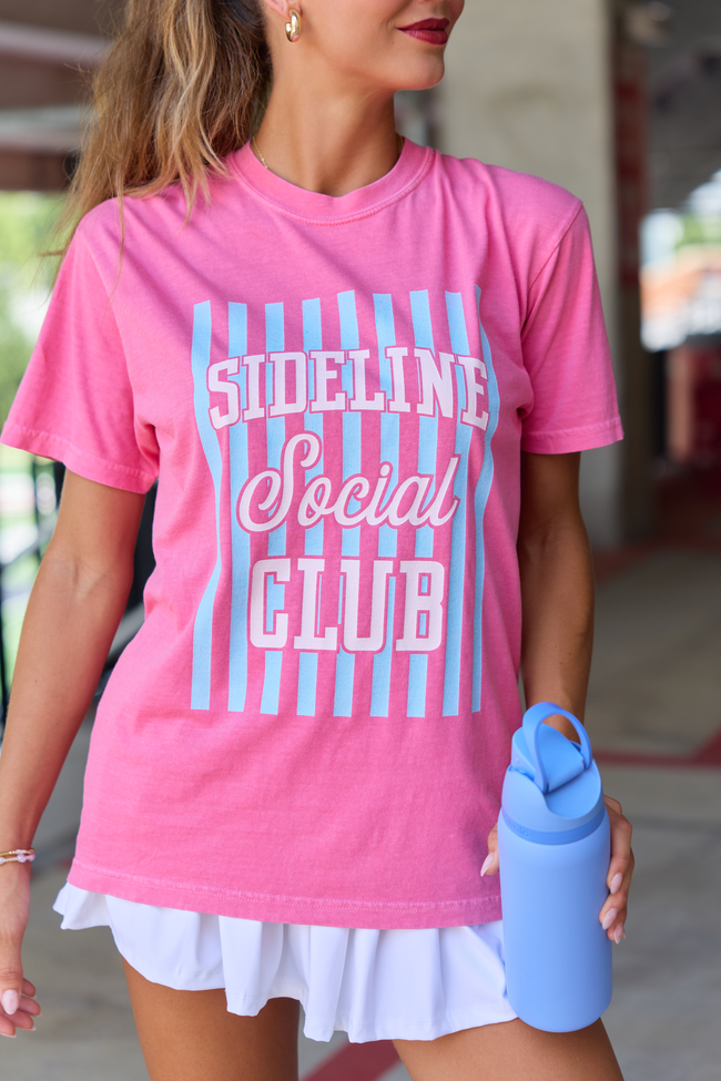 Pink Lily Sideline Social Club Striped Pink Graphic Tee
