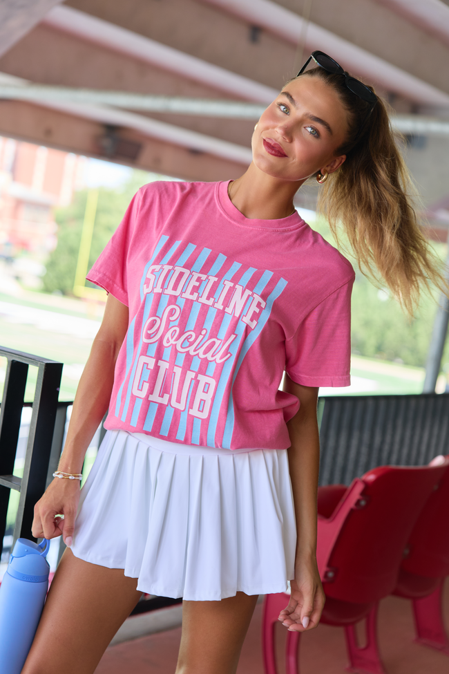 Pink Lily Sideline Social Club Striped Pink Graphic Tee