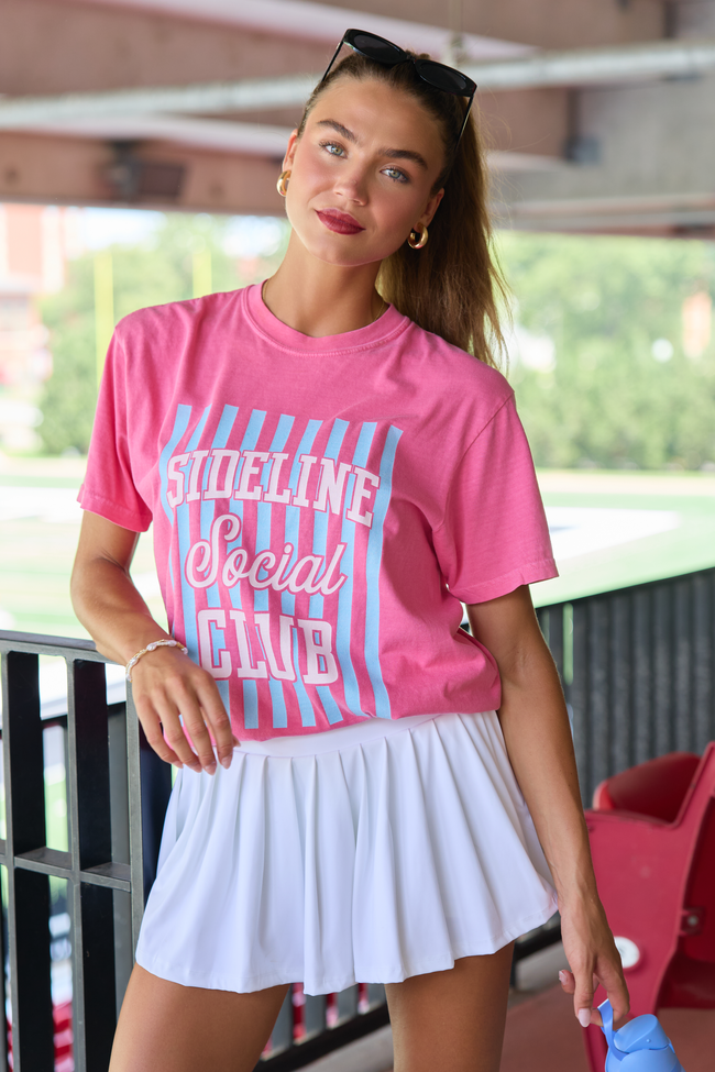 Pink Lily Sideline Social Club Striped Pink Graphic Tee