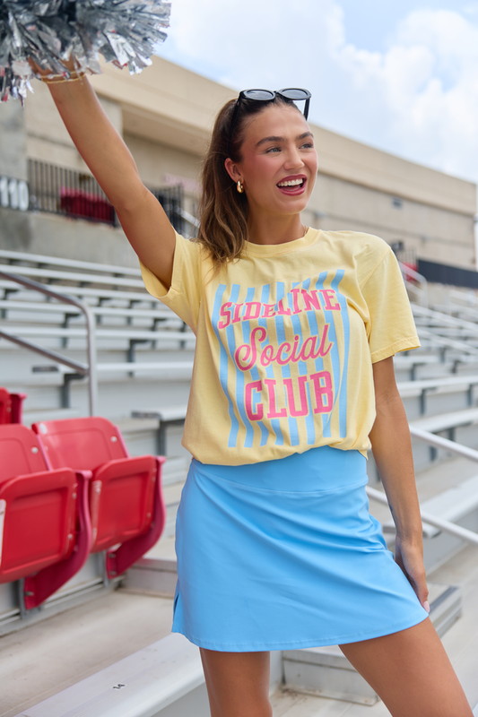 Pink Lily Sideline Social Club Striped Yellow Graphic Tee