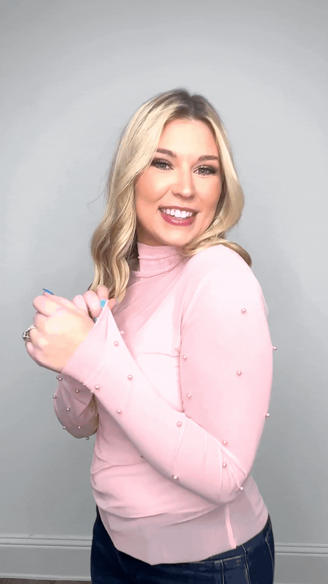 Grace & Emma Mock Neck Mesh Top with Pearl Detail, Pink