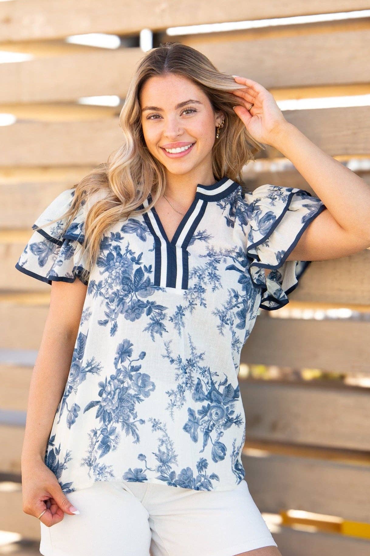 V-Neck Flutter Sleeve Top, Blue Floral