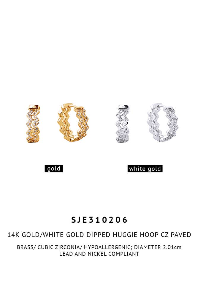 14K Gold/White Gold Dipped Huggie Hoop Cz Paved