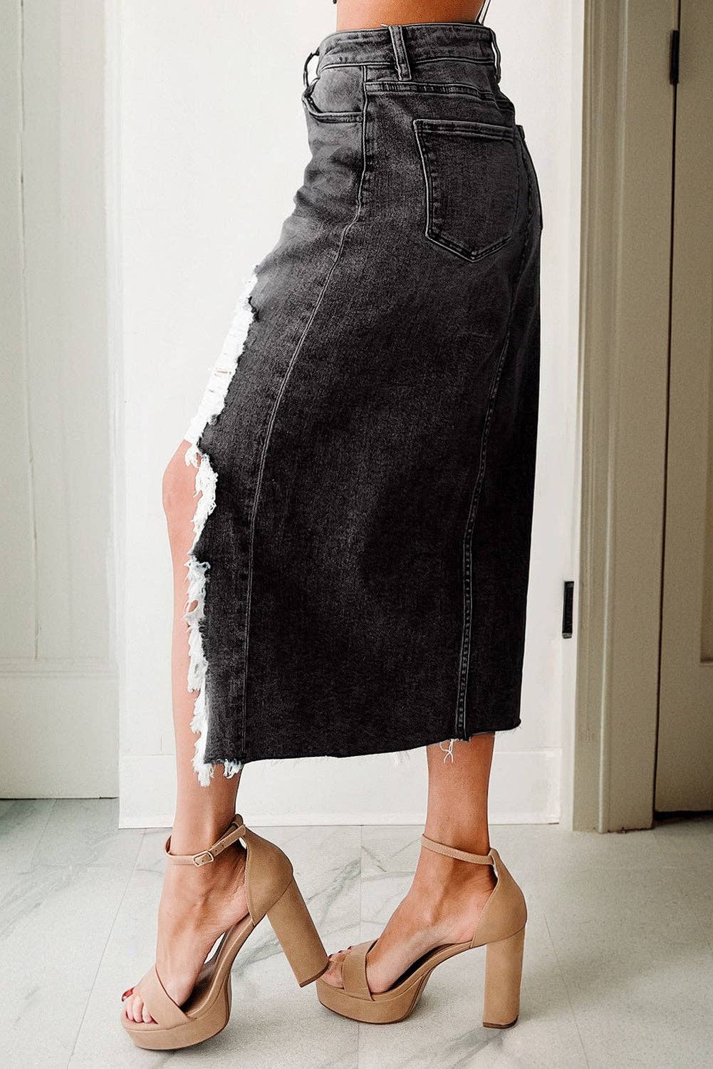 Denim Asymmetrical Distressed Midi Skirt