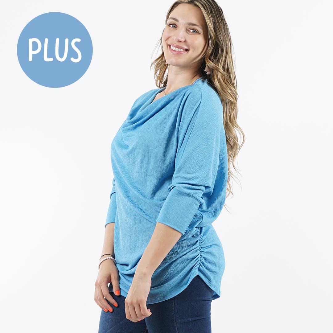 Side shirred Cowl neck flowy dolman tunic (Reg & Plus)