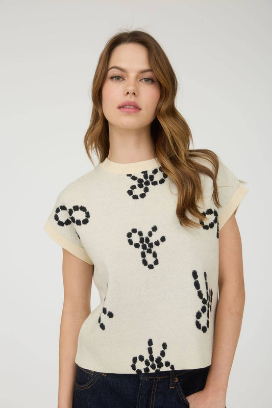 BOW PATTERN ROUND NECK SHORT SLEEVE KNIT SWEATER