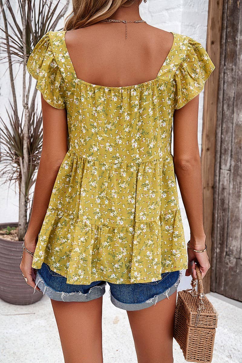 Square Neck Floral Ruffle Sleeve Top