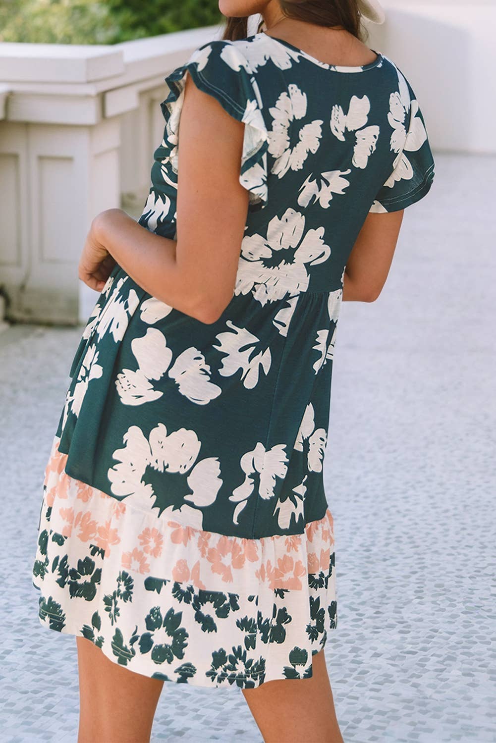 Floral Print Ruffle Sleeve Empire Waist Mini Dress