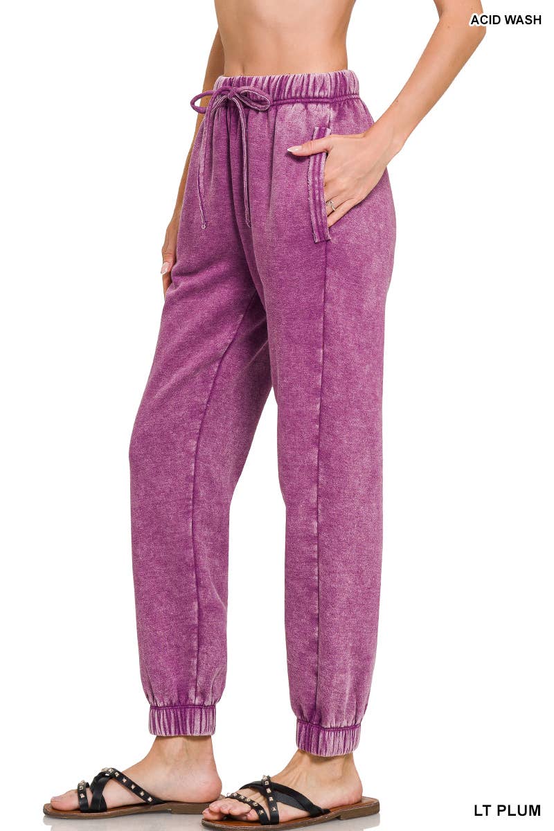 ZENANA SNOW ACID WASH FLEECE SWEATPANTS WITH POCKETS