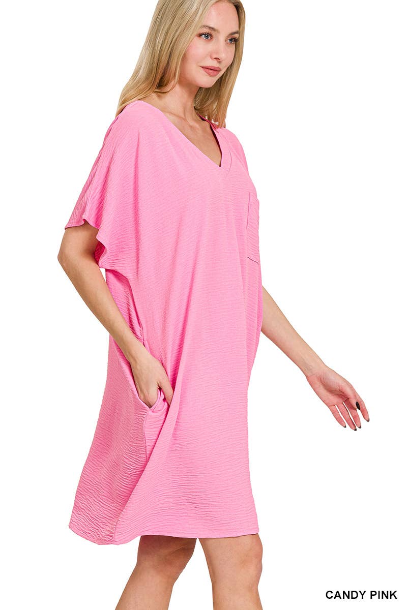 Woven Airflow V Neck T Shirt Dress With Pockets Zenana